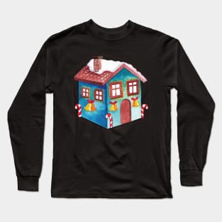 Blue House with Christmas lights Long Sleeve T-Shirt